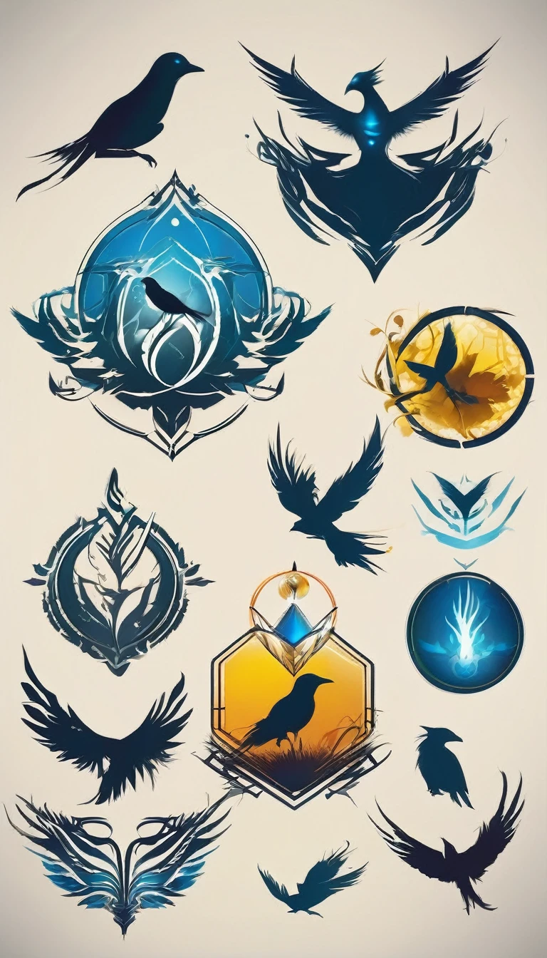 Create a minimalistic, simple, fantastic, easy to understand, logo design for an upcoming Role Playing Game called " Penamemoria". The game is about a world of bird and feathers. A boy enters that world and discovers his true artistic identity. Create a logo design that transmits the essence of this videogame. It´s a fantasy game, with fantasy elements. Create the logo in the center and a fantasy theme as background. Use the colours blue, white, yellow in the logo.