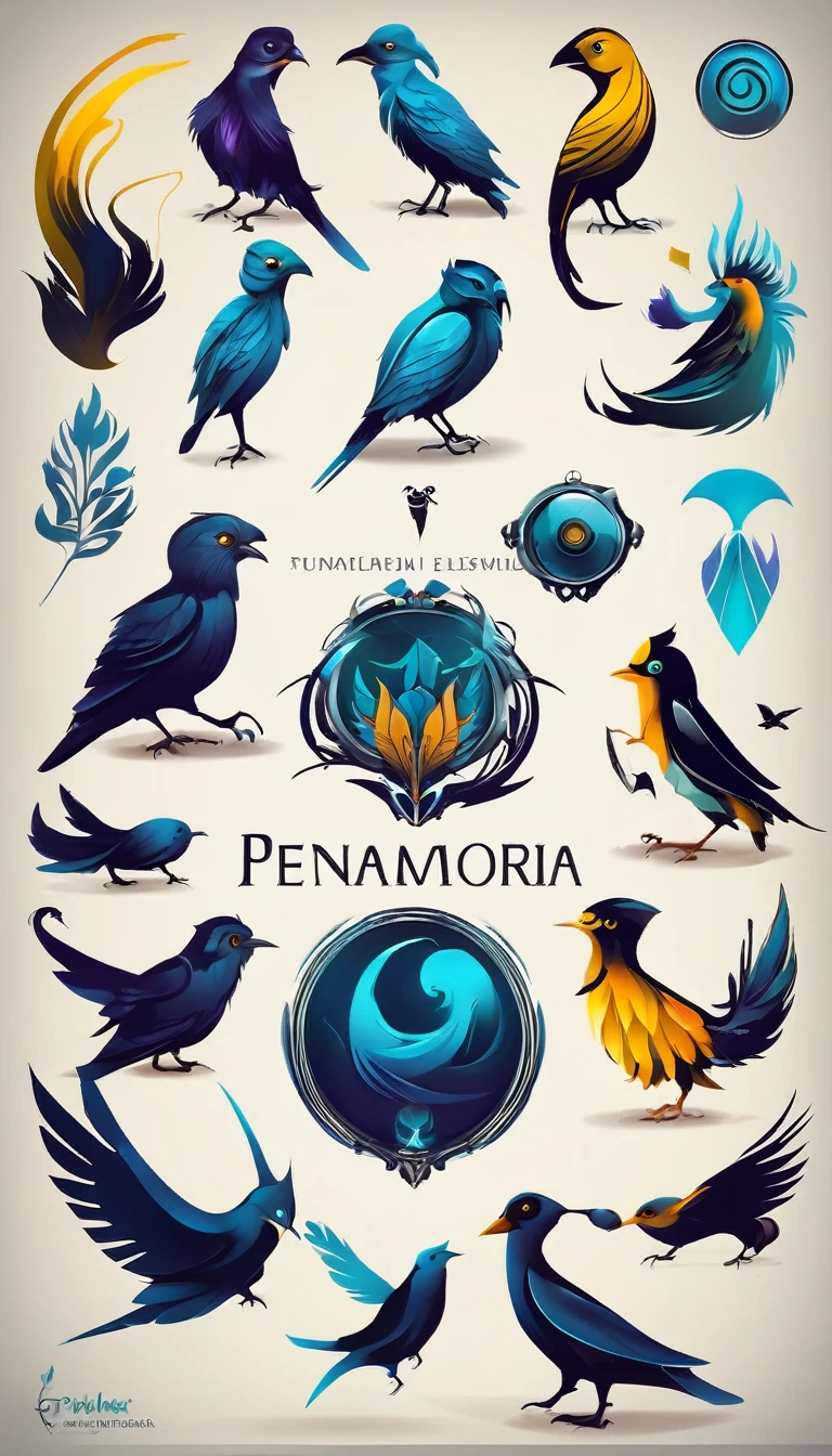 Create a minimalistic, simple, fantastic, easy to understand, logo design for an upcoming Role Playing Game called " Penamemoria". The game is about a world of bird and feathers. A boy enters that world and discovers his true artistic identity. Create a logo design that transmits the essence of this videogame. It´s a fantasy game, with fantasy elements. Create the logo in the center and a fantasy theme as background. Use the colours blue, white, yellow in the logo.