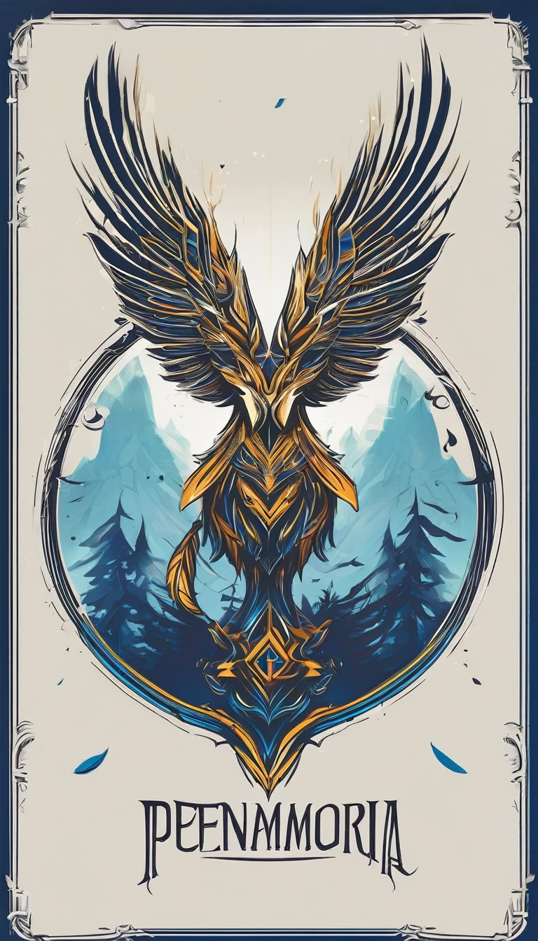 Create a minimalistic, simple, fantastic, easy to understand, logo design for an upcoming Role Playing Game called " Penamemoria". The game is about a world of bird and feathers. A boy enters that world and discovers his true artistic identity. Create a logo design that transmits the essence of this videogame. It´s a fantasy game, with fantasy elements. Create the logo in the center and a fantasy theme as background. Use the colours blue, white, yellow in the logo.