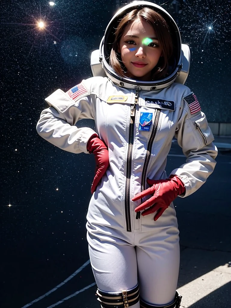 A woman in a white suit with red gloves, Astronaut Girl, Armored Astronaut Girl, Smooth Art, Wearing a space suit, 8K,、((smile))、(((Open Stance)))、Background Outer Space、