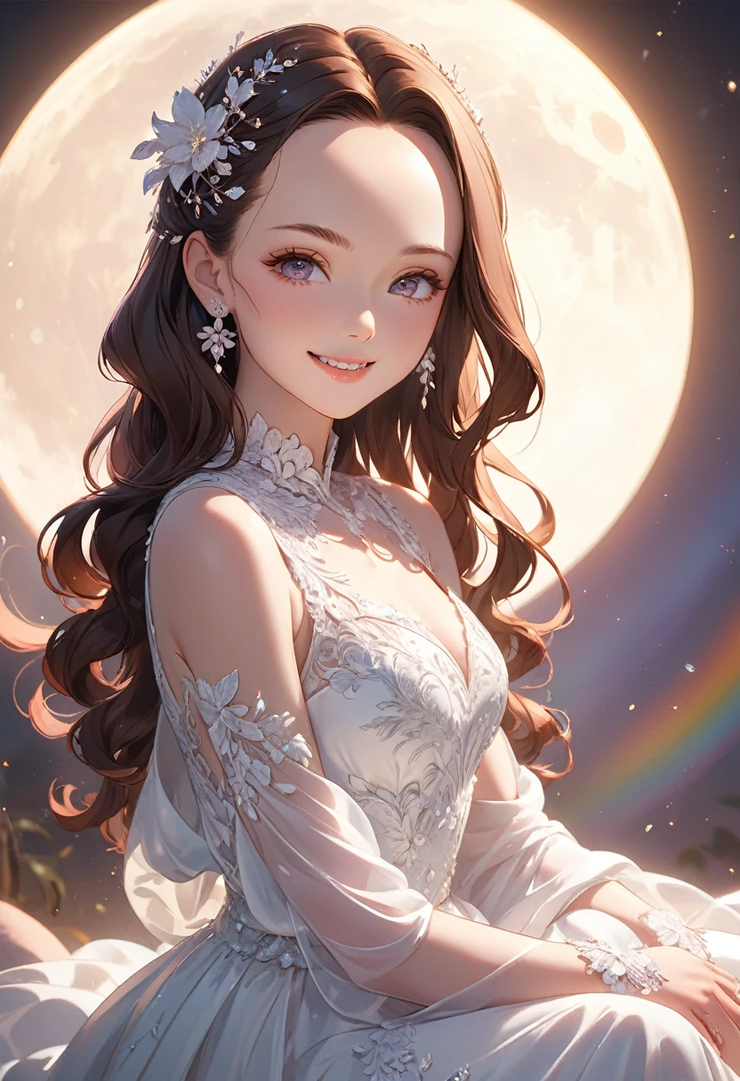 Very detailed,(((ultra detailed face))),best quality, 8k, (柔Light), Light, 1 lady, facing the camera,brown hair, ((forehead)),elegant, Comfortable, Clean and detailed anime art, Trending on artstart, rainbow colors, milky white, illuminate warmly, (pink and white theme),((big smile)),dress,sitting moon