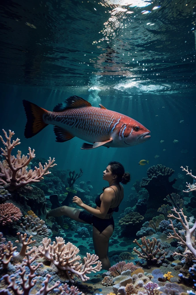 A woman swimming with colorful fishes, deep sea, glowing corals, fantasy, epic
