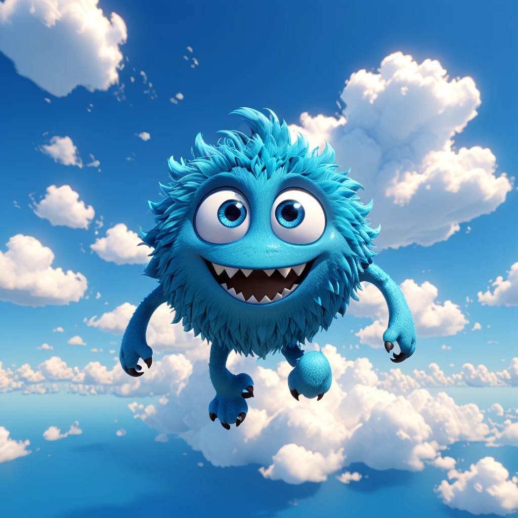 Blue
   A cute blue monster with big eyes and a wide smile, resembling the expansive sky. The monster has a serene blue color scheme and appears to be floating with a gentle, fluttery presence. This endearing character is designed in the style of Pixar animation studio, created using C4D software, bringing a calming atmosphere. --ar 1:1 --v 6.0 3D render
