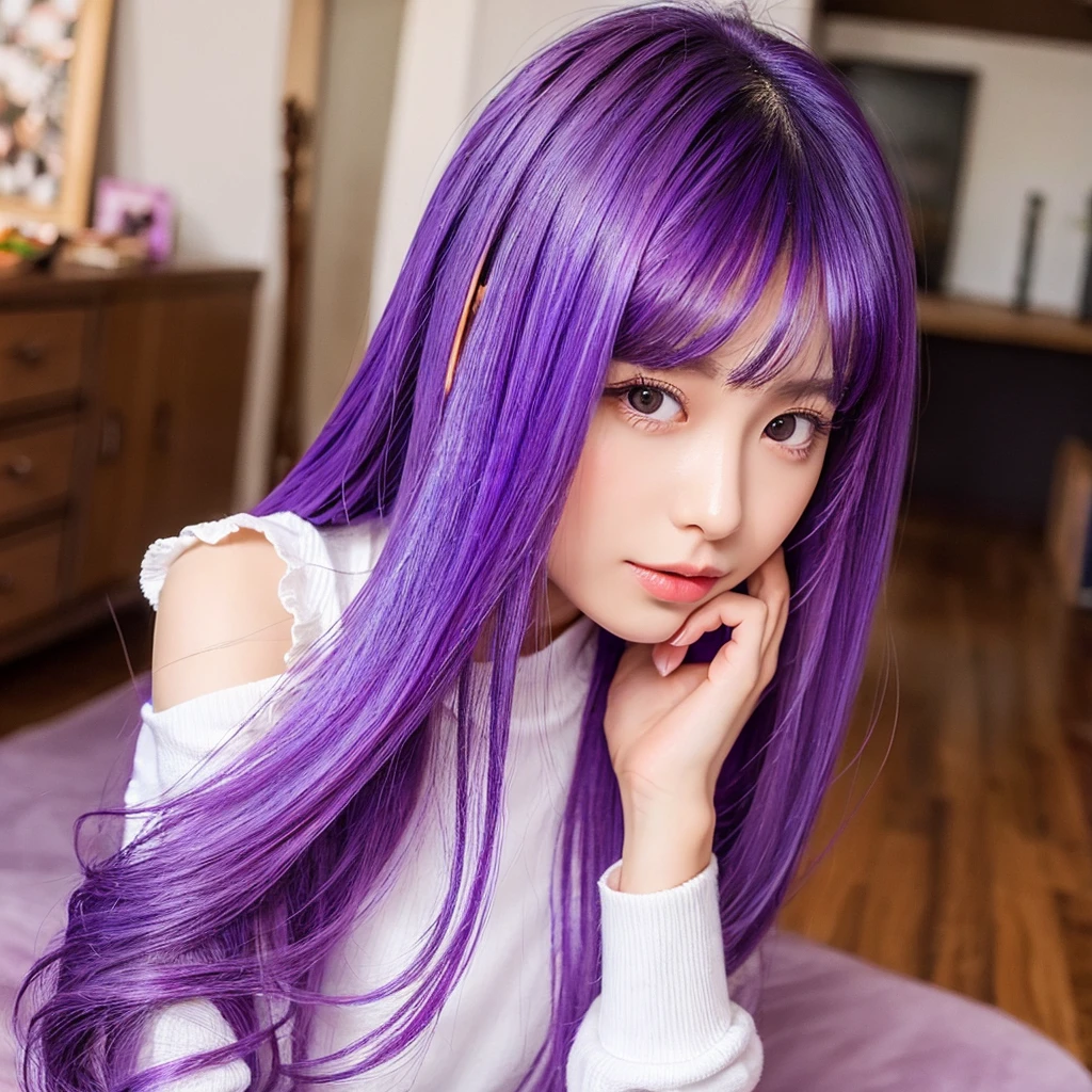 1woman hair purple, mid 20 years old, body, in the home,vibrant colors, ultra high realistic, ultra high quality