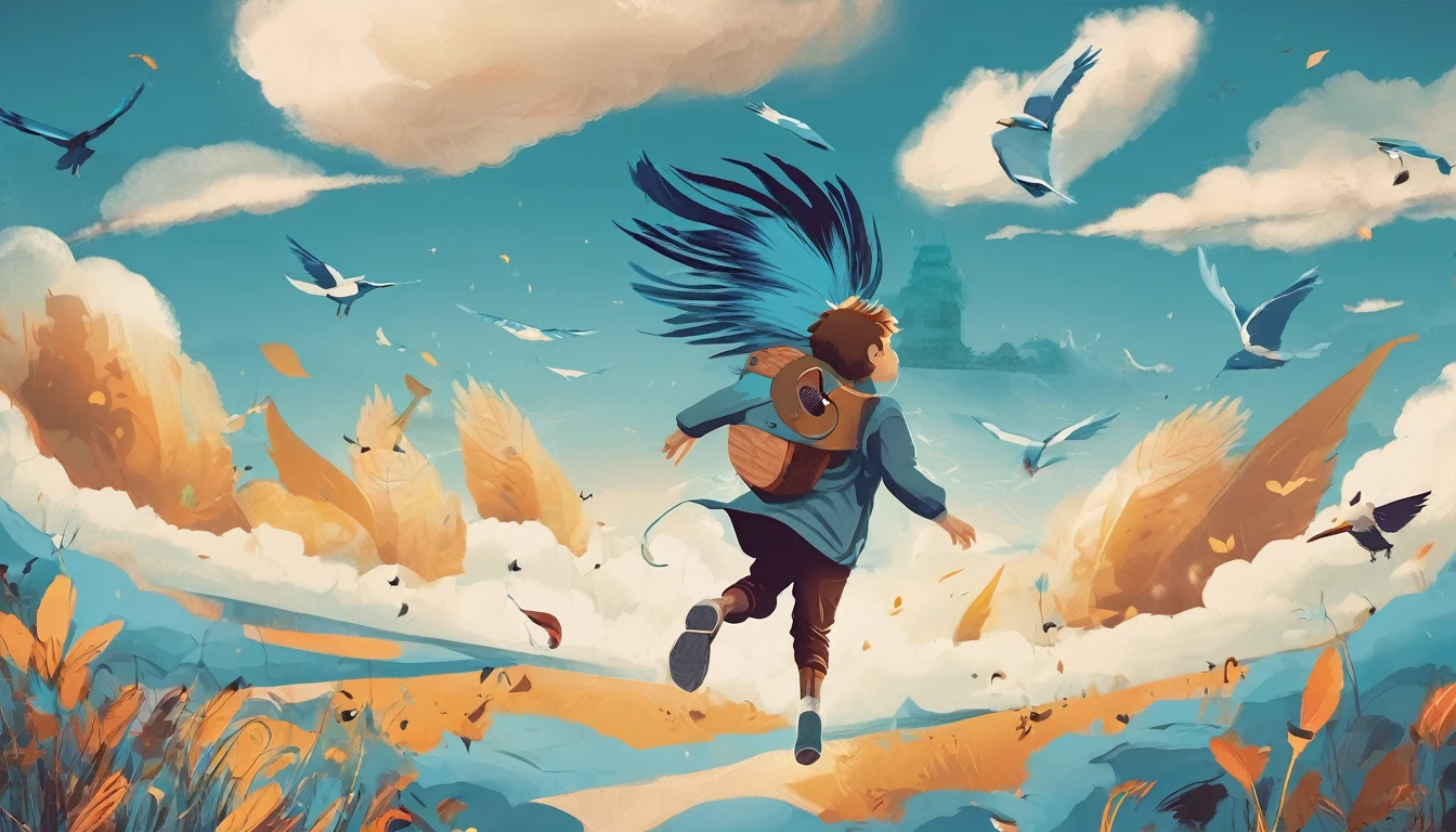 Create a professional, fantastic, cinematic Youtube Banner for a brand about music and stories called " Penamemoria". Masterpiece, 4k, sharp focus, highest quality,wide shot. The title is " Penamemoria". Is a brand about the creative, unique journey of a boy into becoming a musician storyteller. In his journey he finds inspiration in a world of birds and feathers. Minimalistic, simple, poetic, dreamy logotype at the center of the image. The Background image is a world full of fantastic feathers, unique birds, light blue sky, and a boy running happily into the horizon with an acoustic guitar in his right hand. Boy running against the wind, almost simulating like he is flying
