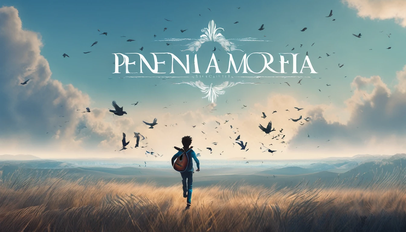 Create a professional, fantastic, cinematic Youtube Banner for a brand about music and stories called " Penamemoria". Masterpiece, 4k, sharp focus, highest quality,wide shot. The title is " Penamemoria". Is a brand about the creative, unique journey of a boy into becoming a musician storyteller. In his journey he finds inspiration in a world of birds and feathers. Minimalistic, simple, poetic, dreamy logotype at the center of the image. The Background image is a world full of fantastic feathers, unique birds, light blue sky, and a boy running happily into the horizon with an acoustic guitar in his right hand. Boy running against the wind, almost simulating like he is flying