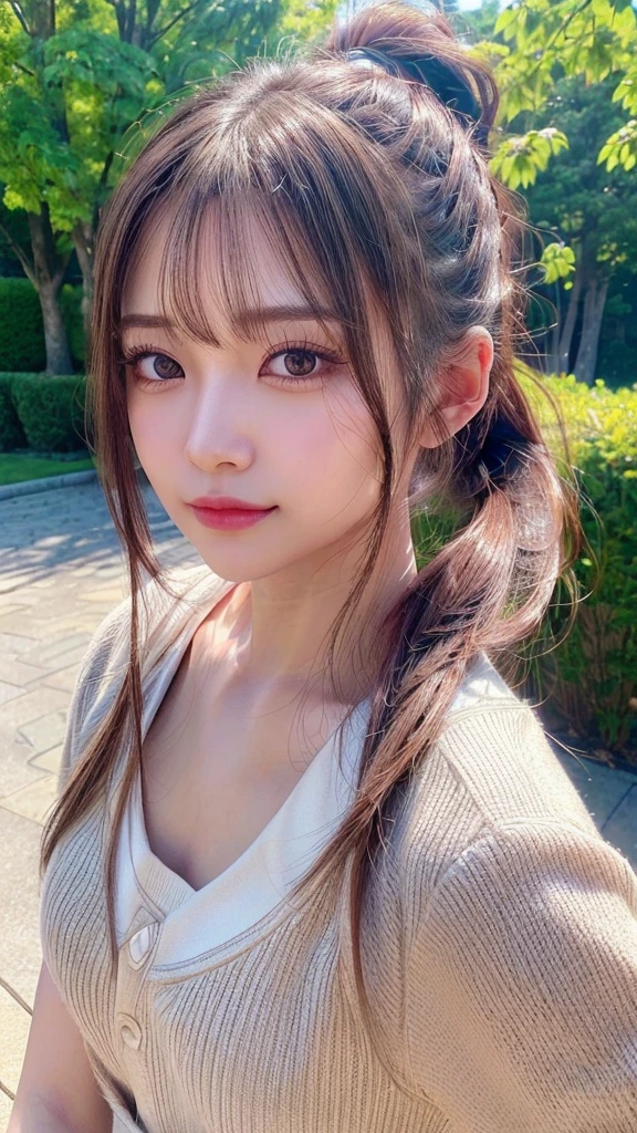 One piece with collar,outdoors,Urban Park,On the lawn,Ultra-detailed, finely detail, hight resolution, 8K Wallpaper, Perfect dynamic composition, Beautiful detailed eyes,Outdoor,Close-up of face,Outdoor,Blushing,Facing forward,,Long hair ponytail,((8k, Raw photo, Best Quality, Mastepiece:1.2), (Realism, Photorealistic:1.4), (Highly detailed 8K wallpapers), Depth of written boundary, Cinematic Lighting, Soft Light, Detailed Beauty Eye,Shiny and smooth light brown ponytail, Asymmetrical bangs, Shiny skin, Ultra-detailed skins ,It is high resolution., High detail, Detailed hairstyle, Detailed facial beauty, Hyper-realistic, Perfect limbs, Perfect Anatomy ,1 Japanese girl,Famous Japanese Idols, Perfect female body,A shy smile,Short eyelashes,Double-edged eyelids,Look straight here,Hair style: ponytail,