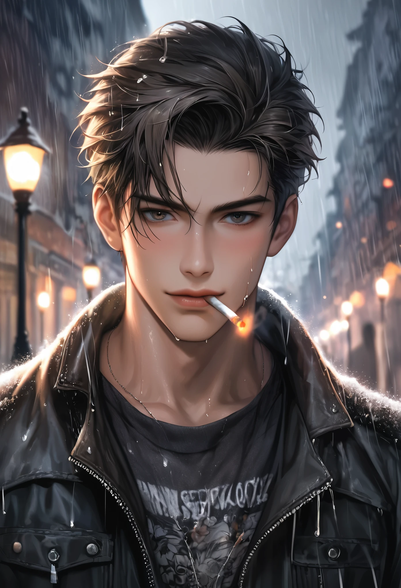 High definition, high quality illustrations. A handsome boy is drenched in the heavy rain. A cool expression with a cigarette in his mouth. The background is a dark night with heavy rain, and the light from the street lamps is blurred.