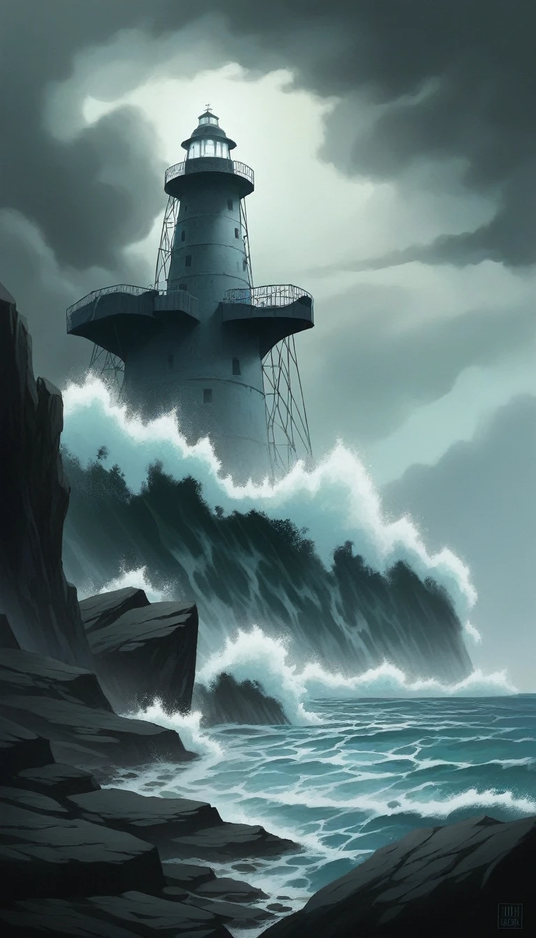 A colossal Water Titan emerging from the depths of a stormy ocean, its body made of swirling waves and seafoam. Towering over the dark, churning waters, its eyes glow with an otherworldly blue light. Surrounding it are massive waves crashing violently against jagged rocks. The sky is overcast with dark, thunderous clouds, lightning striking down, illuminating the Titan's imposing figure. The background showcases a haunted lighthouse in the distance, its light flickering in the tempest