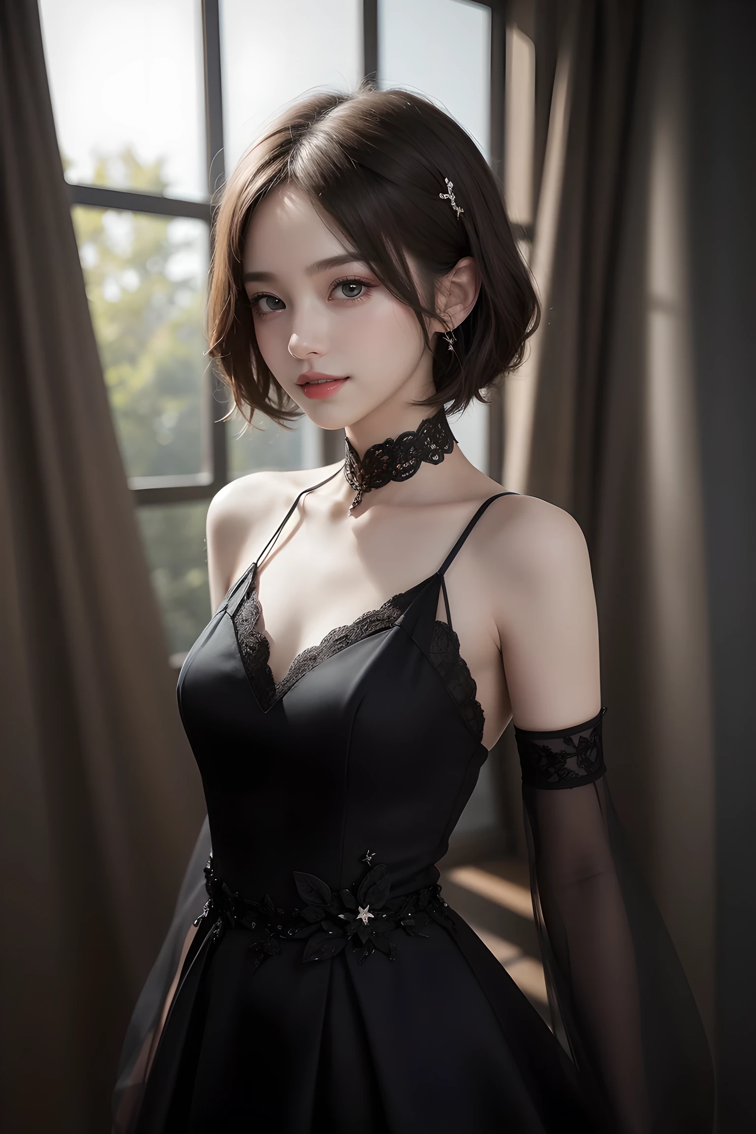 Fashion Model Photography, Black Evening Dress, Strong sense of design, Medium shot, Star Girl, short hair, Hair accessories, Delicate skin, Smile,  scene, High quality, Glare backlight, Professional studio lighting