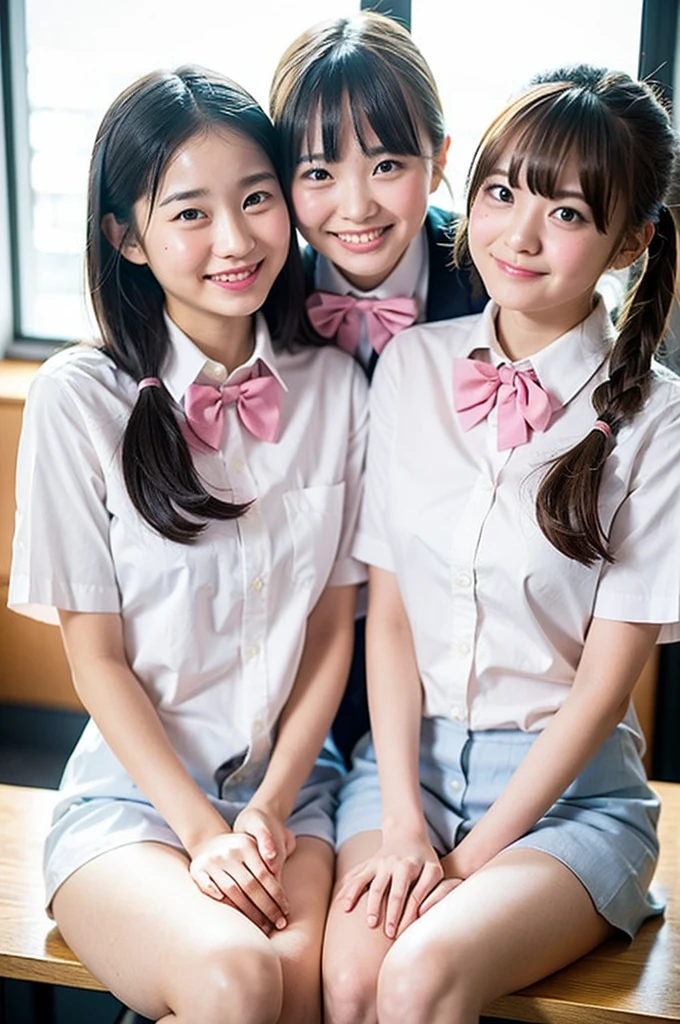 2 girls on desk in wooden school classroom,white shirt with pink bow tie,no panties,18-year-old,bangs,a little smile,hands on crotch,large bare thighs,knees,legs apart,short hair with low pigtails,from before,front light