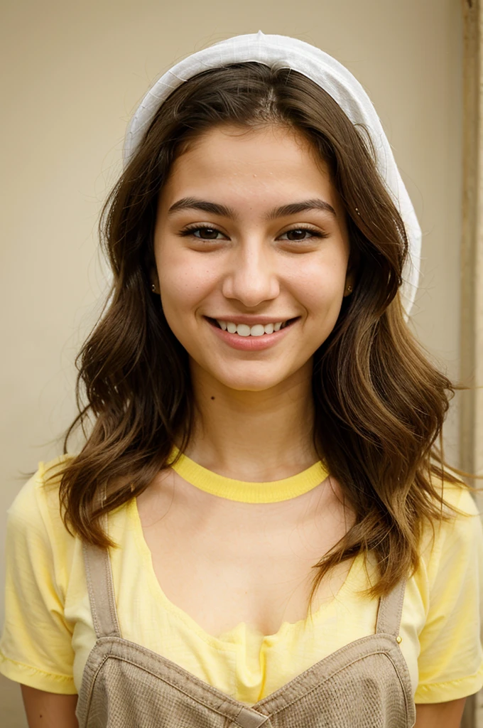 20YO, small nose, one women,attractive, Jordanian, Bright Yellow shirt, cute smile, cute face, white teethes, skinny face, light brown eyes, black/blonde long hair ,modest
