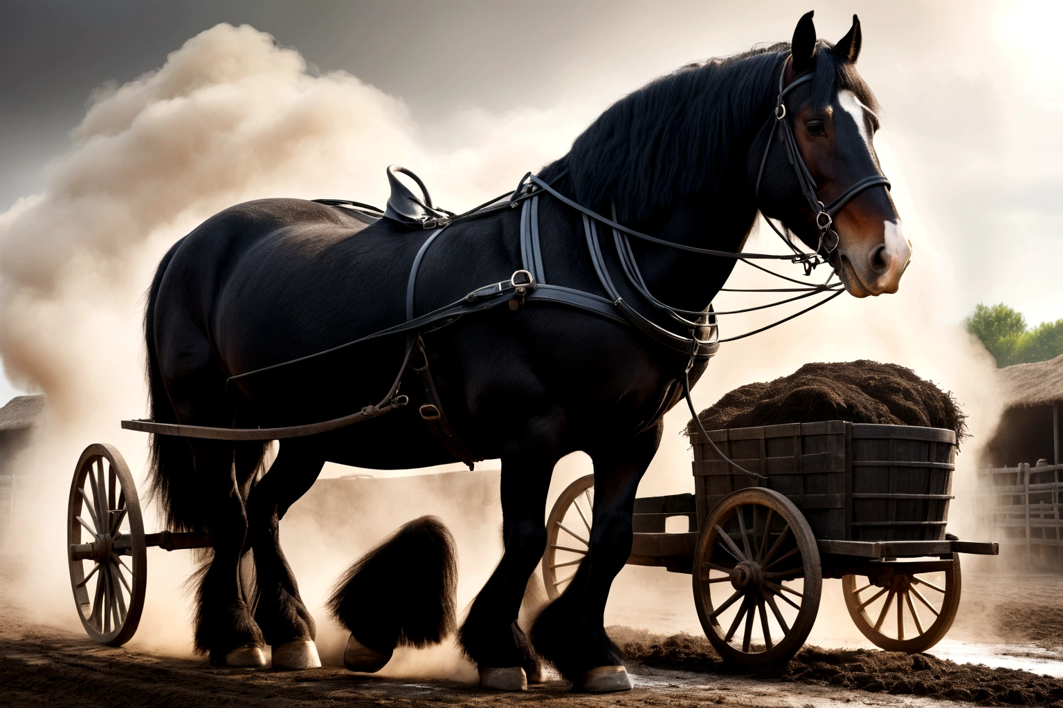 complete view of horse. a big fat black shire horse with big bum. pulling dray cart. nude full figured woman driving. very dark skinned. very short hair. steaming dung pile under horse