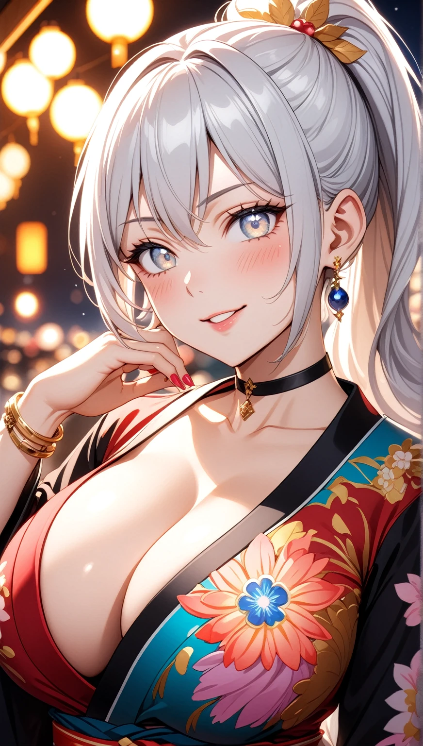 ((One personの女性)), Beautiful Face,Laughing shyly,((Wink:2.0)),Laugh with your mouth wide open((Bright red cheeks:1.4)),Glossy pink lips,night,rooftop,Festive decorations,You can see the ocean, firework,Laughing with your mouth open,Glossy pink lips,Lighting on the face,((Anime style background)),masterpiece, Highest quality, so beautiful,Latest, Complex details, (Pink long nails),(ring),(bracelet),(choker),AI-generated, Complex,High resolution, Highest quality, super high quality,3D Images、View your viewers、3D Images,One person,Long white hair,High Ponytail,(blue eyes),Anime woman posing for a photo, ((Fine grain、Silvery white colorful eyes、Shining Eyes:1.4)),(Squint your eyes:1.1),a hyperRealistic , hyperRealistic , Realistic,Anime woman with long and white hair, Smooth anime CG art, A woman in a colorful kimono with gold embroidery, (Black long sleeve kimono),Red floral pattern,Long flower hair ornament,Big earrings,Mature Body,(Big Breasts:1.1),Tall,Abdominal muscles,Narrow waist,(Zoom in on face:1.7),Shooting from below at an angle