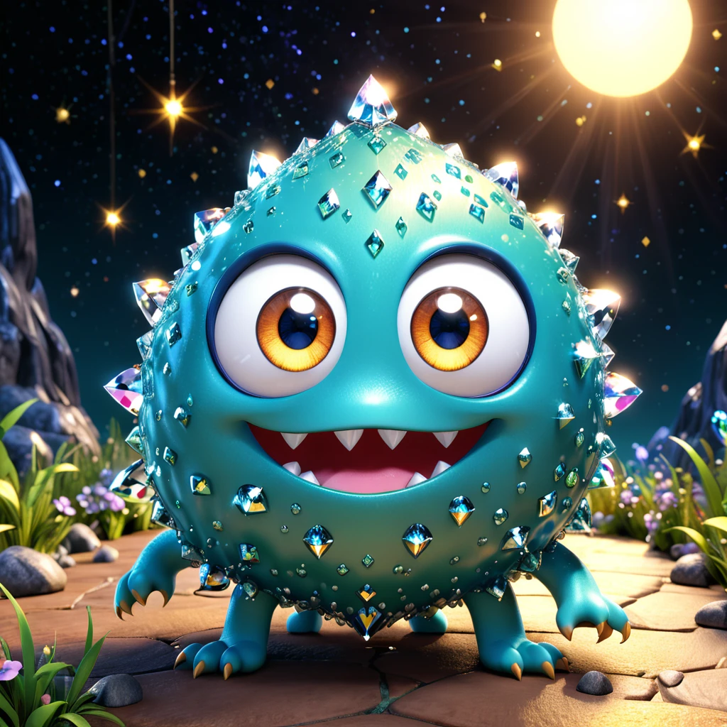 A cute diamond monster with big sparkling eyes, shining brightly. It is the hardest and most dazzling gemstone, featuring a playful and adorable expression. This charming scene is perfect for a children's storybook. --ar 1:1 --v 6.0 --3D render