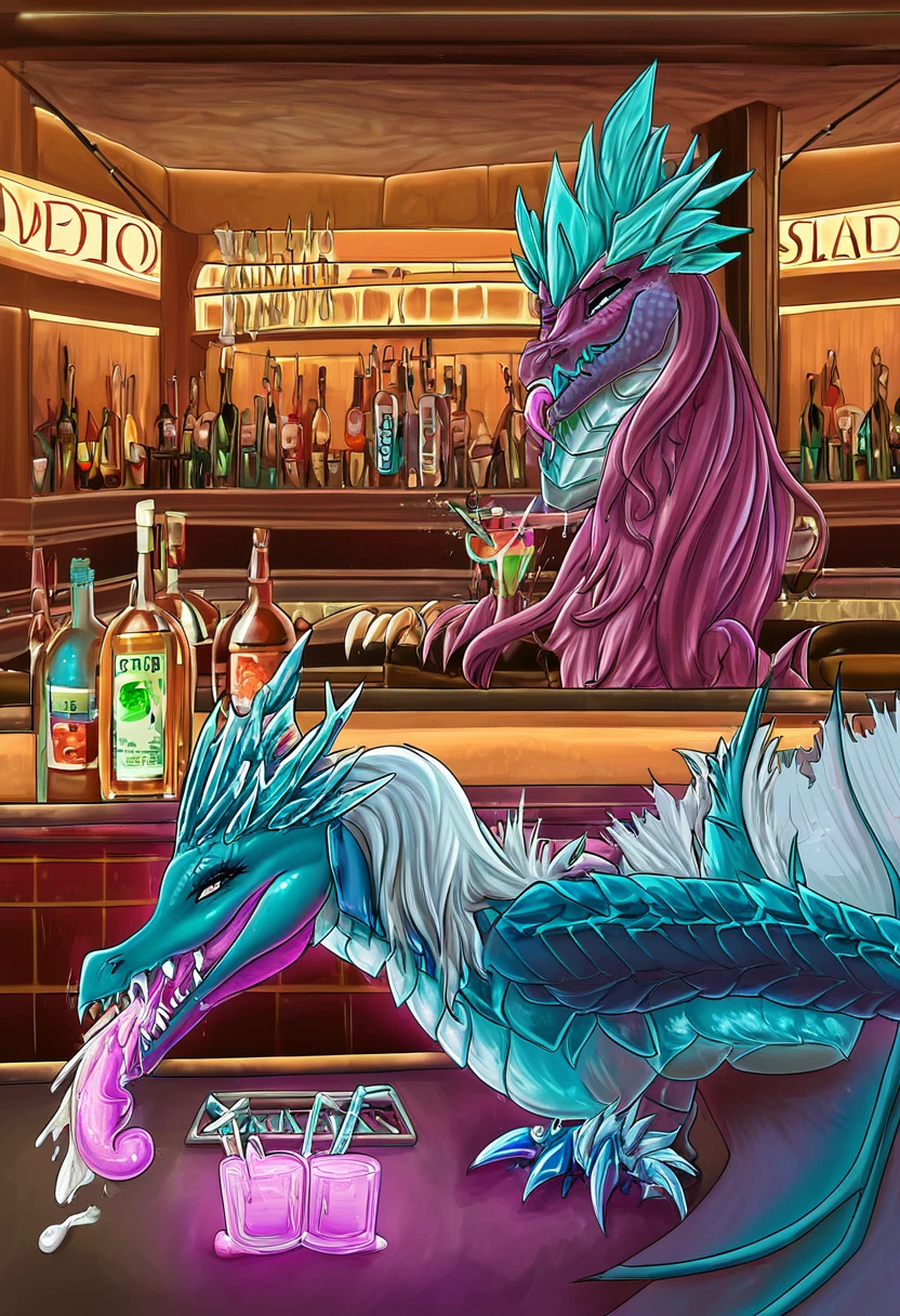 1girl, no humans, monster, dragon, drinking in bar, ahegao, sexy auroth