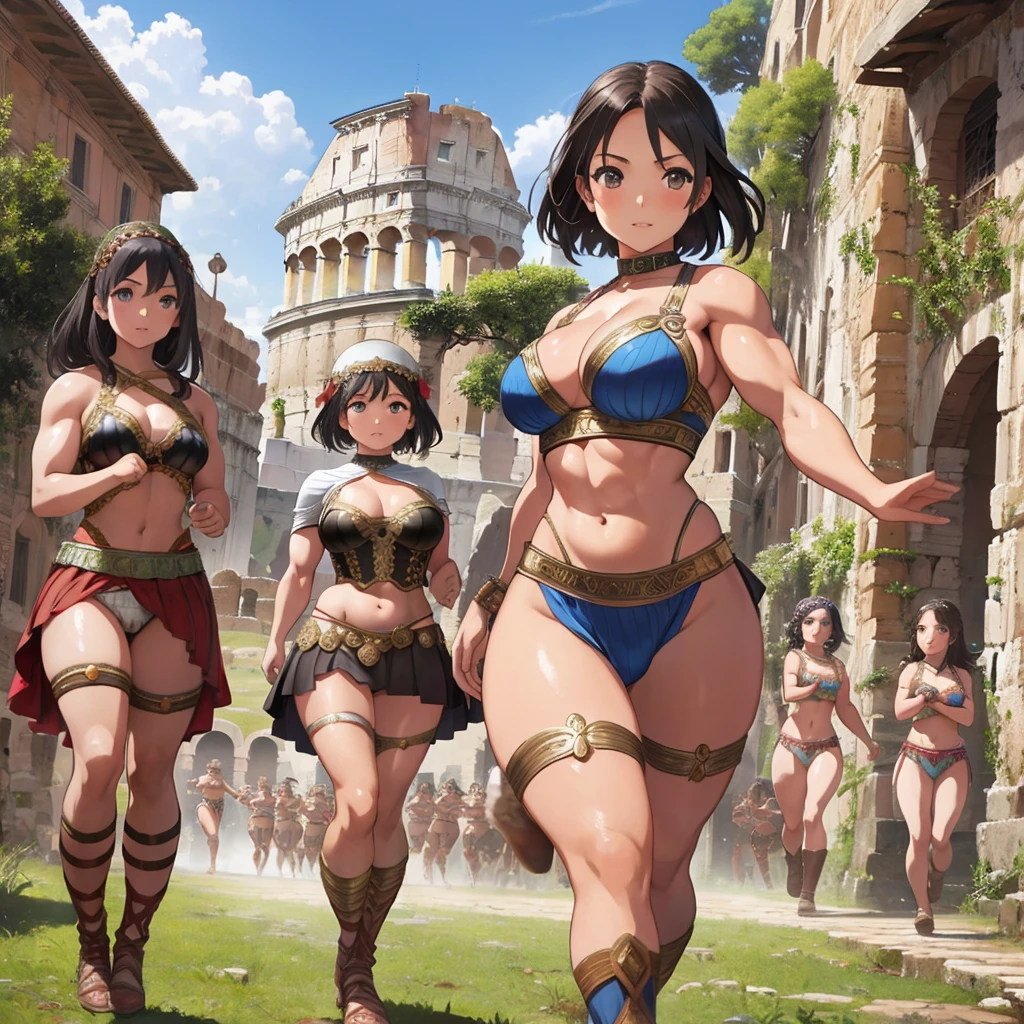 ancient rome, roman villa background, group of young girls, female gladiators, young, s, muscular, athletic, buff, attractive, curvy, powerful, varied ethnicities, gideon,