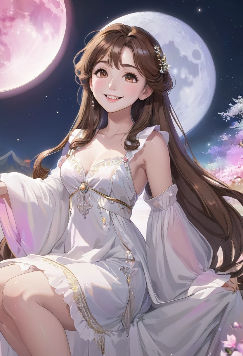 Very detailed,(((ultra detailed face))),best quality, 8k, (柔Light), Light, 1 lady, facing the camera,brown hair, ((forehead)),elegant, Comfortable, Clean and detailed anime art, Trending on artstart, rainbow colors, milky white, illuminate warmly, (pink and white theme),((big smile)),dress,sitting moon