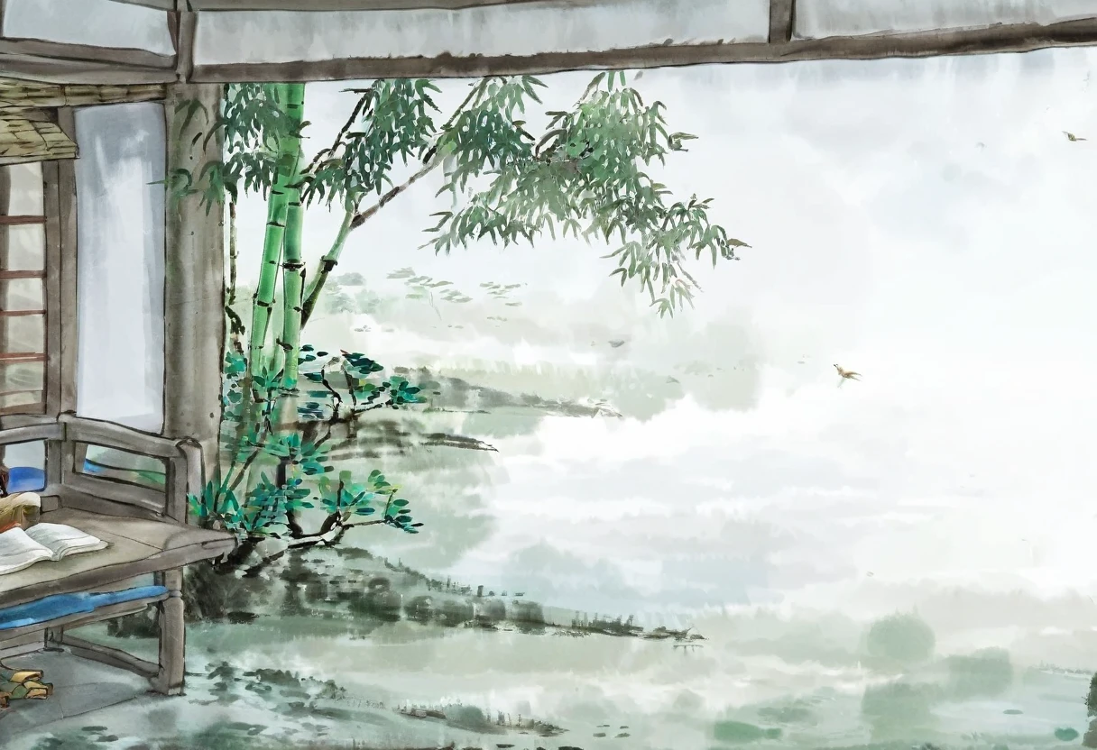 Photography,Chinese Ink Painting,Traditional Chinese Art,Simplicity ,An old house,House by the lake,Complete wooden house,There is a desk in the house,Boy reading a book,Boy in traditional Chinese costume,There is a bamboo forest outside the window,The shadow of the bamboo is projected on the desk through the window,Green bamboo swaying outside the window,Shadow in the bookcase,The gurgling spring in the distance,Flowing into the inkstone pool