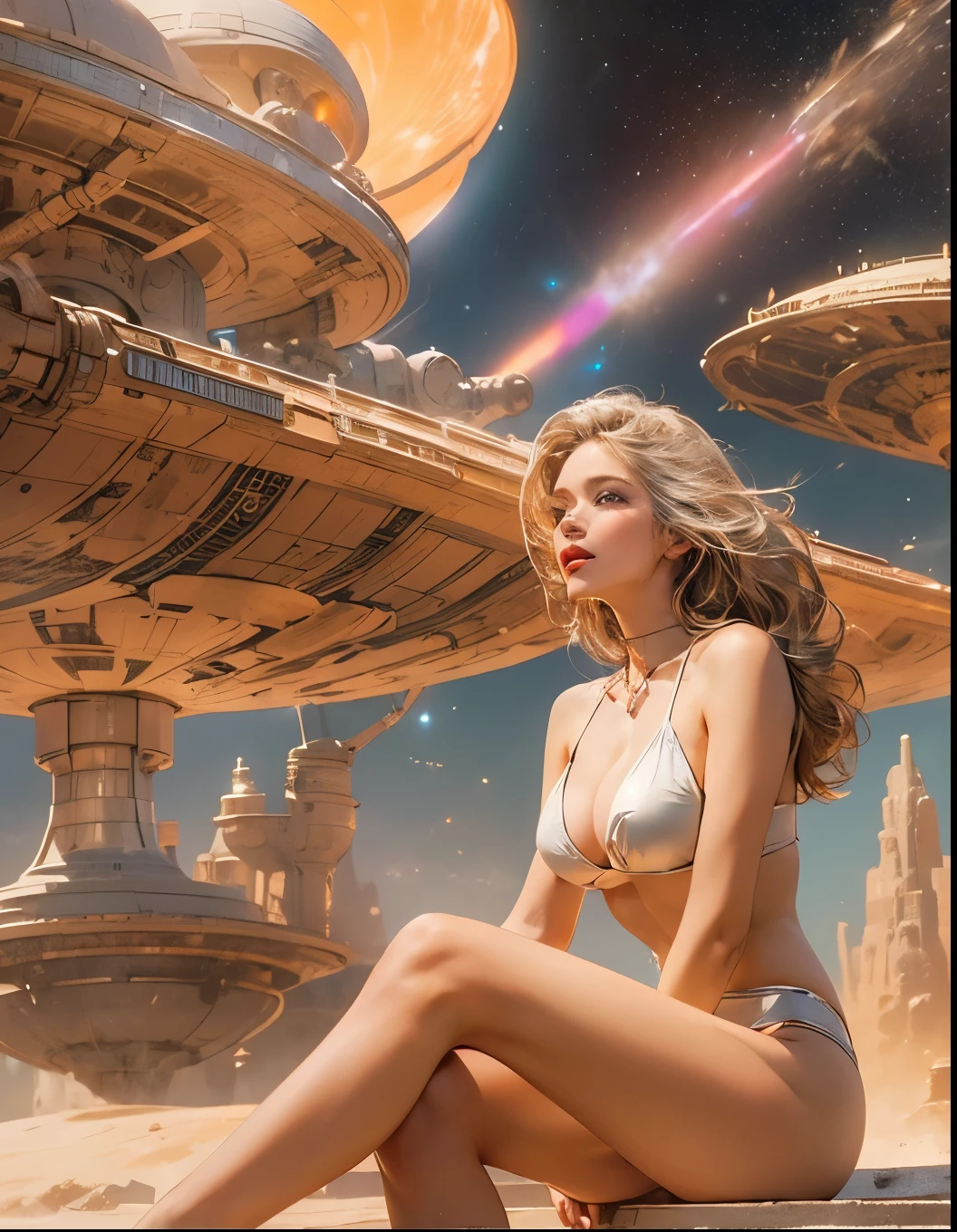 ((Unique portrait of 1 woman sitting outside comfortable enjoying tanning, wearing an ultra thin translucent sexy beige g string bikini with gorgeous muscular long legs)), ((silver, beige, brown, orange red)), ((ultra perfect flowing hairstyle)), (hips up), (((huge natural breasts with cleavage with beautiful hips))), ((perfect radiant skin color)), ((crowded background of peoplel)), (((cinematic day time and natural sunlight))), (((detailed spaceship background and incredibly sci-fi retro art masterpiece))), (((1:1 scale proportions))), ((science fiction)), ((pastel coloured spaceships)), (((ultra photorealistic realism with contrast))), ((Smooth curves, clean lines, streamlined, functional aesthetics, reflective surfaces, integrated lighting, giant floating spaceships, engraved spiritual motifs)), ((acrylic plastic motorcycle)), extraterrestrials, ((starwars)), (vintage space guns), coloured oval glass, ((desert city background))