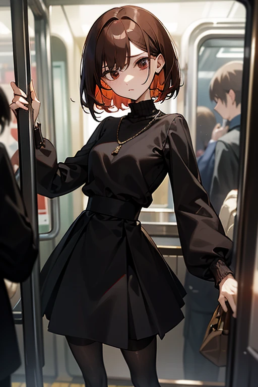 Reddish brown short length hair、Black high neck waffle knit top、Flared sleeves、Tight Skirt、Black Stockings、necklace、TİTS、slender、In a crowded train、Messed up、slender、High resolution face、Drawn eyes、