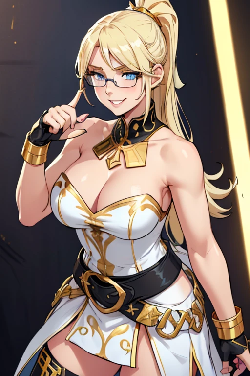 female, blonde long hair in a ponytail, blue eyes, (((1girl))), (((white strapless and sleeveless tunic with gold trim))), (white skirt with gold trim), (black belt), (black knee high boots with gold trim), ( black fingerless gloves), (glasses), (black ring on finger), cute and sexy, modest breasts, modest butt, full body, long legs, smiling, cleavage