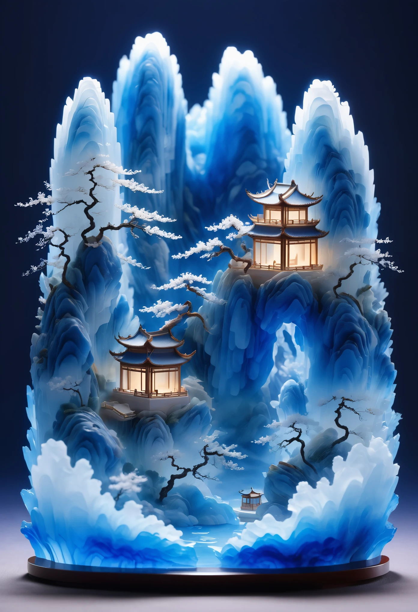 Micro landscape design carved out of a piece of stone，Translucent glass material,Blue-white gradient,Traditional Chinese landscape painting,Abstract shapes,Minimalism,Cave，,3d，Stone base