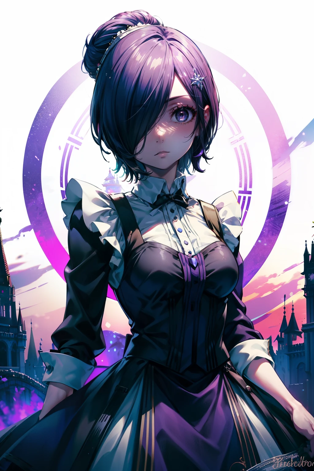 Beautiful face, beauty, white skin, purple-blue eyes, short purple-blue hair, hair covering her left eye, cute body, Cute waitress outfit, detailed black dress, white embellished apron, An ornate dress containing embellishments and bows, a castle maid's dress,   castle background, Touka Kirishima, Tokyo Ghoul 