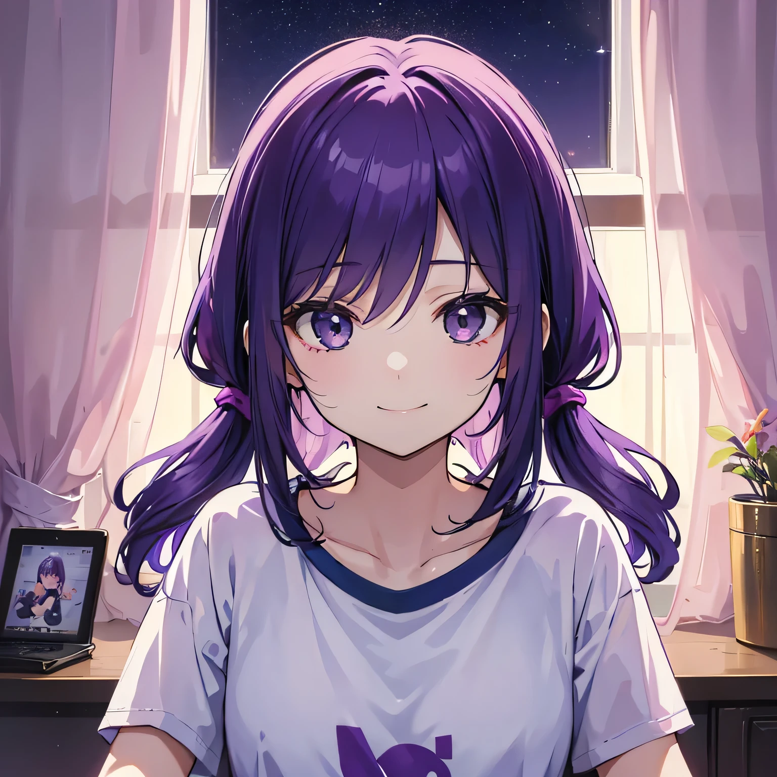 (T Masterpiece,4k wallpaper,Best Quality))、((girl1people))、(solo)、Bright and Brilliant,(Purple Hair)、(Shortcuts:1.3)、smile、Bedroom、T-Shirts、night