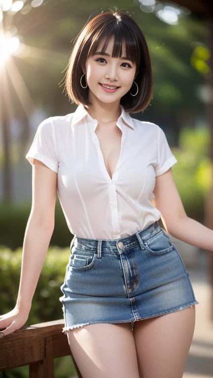 (masterpiece)、(Highest quality:1.5)、(Photorealistic:1.2)、(Surreal), (High resolution), (Realistic), (Post-processing),(Sharp focus), Sharp focus:1.2,Backlight, (Improvement of quality:1.4), Healthy thighs、(Narrow waist)、Big Ass、((Perfectly detailed five-fingered hands)),(Anatomically correct body)、((1 female:1.4))、Japanese、Realistic Skin、(Small chest:1.4)、Bust size is B cup、Pretty woman with perfect figure:1.4,(from the front:1.5), (Enhances the beauty of skin texture:1.1),No makeup、美しいBlack Hair、最高のsmile、Natural color lip、(Small Mouth:1.4)、(Oval Face)、Even bangs、Hide eyebrows with bangs、((29-year-old woman))、Bob Hair、Hair blowing in the wind, (Black Hair, Iris, Watery eyes, Shining Eyes, Bob Cut Hair, Small earrings,), Hair behind the ear、No makeup、(Drooping eyes)、Drooping eye corners、Photos taken by a professional photographer,1 girl, かわいいsmile,whole body、(((One lovely woman)),((優しい大きなsmile)),(( Small breasts,Small breastsの谷間)),((((Plump Cheeks)))),((whole body:1.5)),(((((Photorealistic:1.4))),((((whole body写真))),(The body is slim)),((Lens flare),(Narrow waist)),Standing Random Pose, smile, Natural Breasts, Perfect lighting, (Mysterious), Clear and detailed,(tropical beach background)、(Dynamic Stylish Pose 1.2)、(With cleavage 1.2)、(thin legs 1.2)、(delicate, Plump and moisturized lips)、((A woman wearing a white short-sleeved shirt:1.4))、((A woman wearing a denim miniskirt that accentuates her thighs.:1.4))、((smile:1.4)、