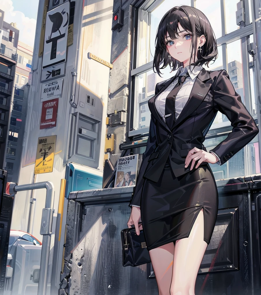 RAW photo, extremely delicate and beautiful, masterpiece, Best Quality, ultra high resolution, 16k, photorealistic, ultra detailed description, pale skin, in her 20s, whole body, medium tits, medium hair, black hair, tearful mole, earring, business suit, pencil skirt, blazer, dress shirt, tie,