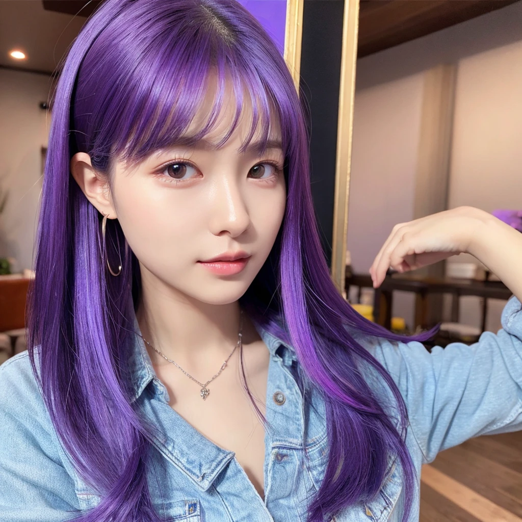 1woman hair purple, mid 20 years old, body, in the home ,vibrant colors, ultra high realistic, ultra high quality
