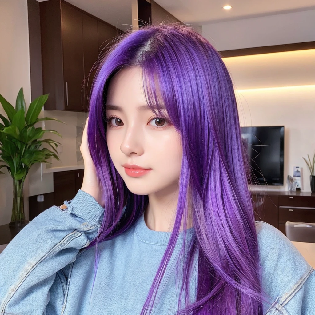 1woman hair purple, mid 20 years old, body, in the home ,vibrant colors, ultra high realistic, ultra high quality