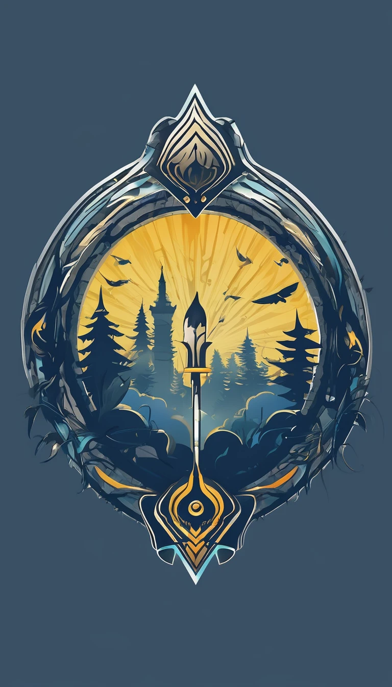 Create a minimalistic, simple, fantastic, easy to understand, logo design for an upcoming Role Playing Game called " Penamemoria". The game is about a world of bird and feathers. A boy enters that world and discovers his true artistic identity. Create a logo design that transmits the essence of this videogame. It´s a fantasy game, with fantasy elements. Create the logo in the center and a fantasy theme as background. Use the colours blue, white, yellow in the logo.