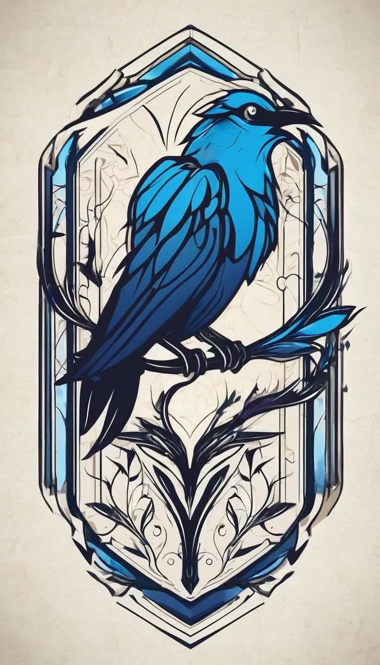 Create a minimalistic, simple, fantastic, easy to understand, logo design for an upcoming Role Playing Game called " Penamemoria". The game is about a world of bird and feathers. A boy enters that world and discovers his true artistic identity. Create a logo design that transmits the essence of this videogame. It´s a fantasy game, with fantasy elements. Create the logo in the center and a fantasy theme as background. Use the colours blue, white, yellow in the logo.