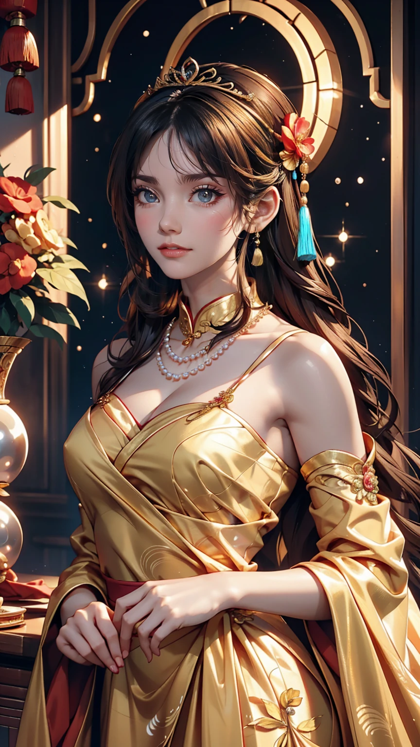 There is a woman wearing a Chinese dress, 27 years old, 28 years old, 29-year-old, 32 years old, Delicate makeup, Ye Wen, 23 years old, Round face, Cute Liane, Gold Tiara, Pearl Necklace, Jade hairpin