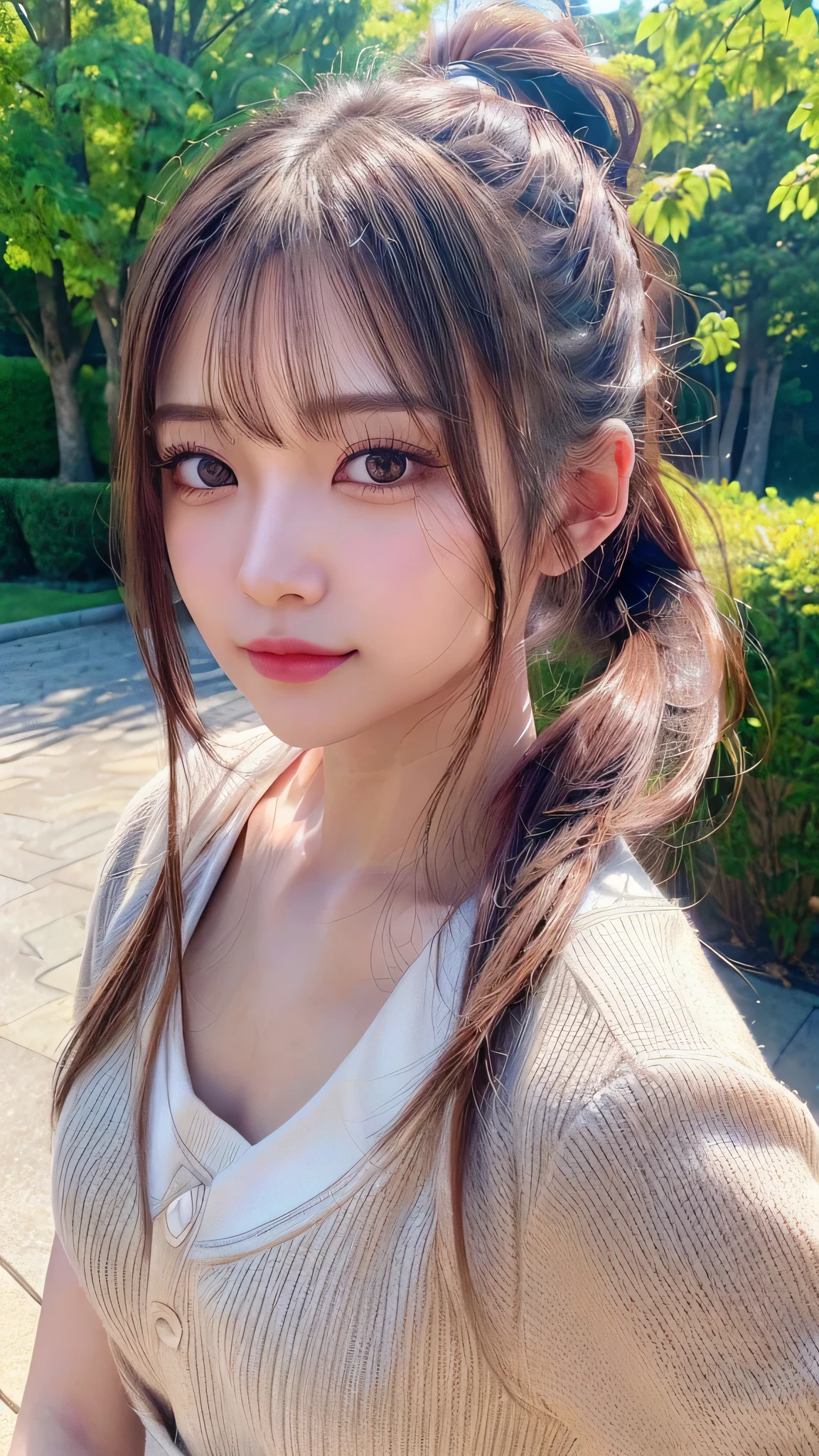 One piece with collar,outdoors,Urban Park,On the lawn,Ultra-detailed, finely detail, hight resolution, 8K Wallpaper, Perfect dynamic composition, Beautiful detailed eyes,Outdoor,Close-up of face,Outdoor,Blushing,Facing forward,,Long hair ponytail,((8k, Raw photo, Best Quality, Mastepiece:1.2), (Realism, Photorealistic:1.4), (Highly detailed 8K wallpapers), Depth of written boundary, Cinematic Lighting, Soft Light, Detailed Beauty Eye,Shiny and smooth light brown ponytail, Asymmetrical bangs, Shiny skin, Ultra-detailed skins ,It is high resolution., High detail, Detailed hairstyle, Detailed facial beauty, Hyper-realistic, Perfect limbs, Perfect Anatomy ,1 Japanese girl,Famous Japanese Idols, Perfect female body,A shy smile,Short eyelashes,Double-edged eyelids,Look straight here,Hair style: ponytail,