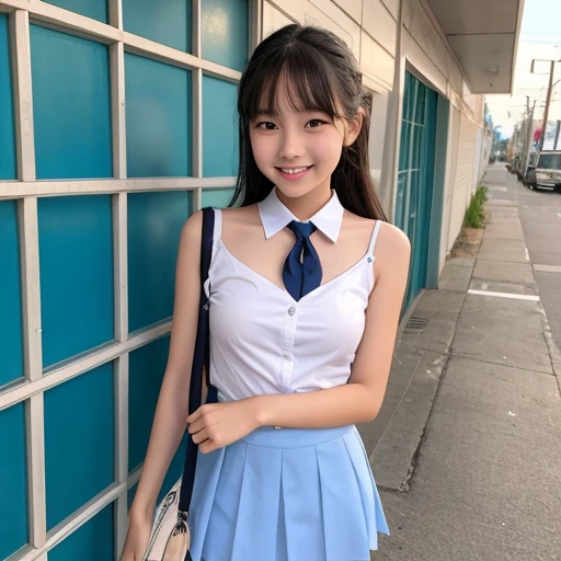 Slim female high school studen areola、She is smiling、Uniform with large slits、Very short skirt、Fair skin、shoulder、clavicle、