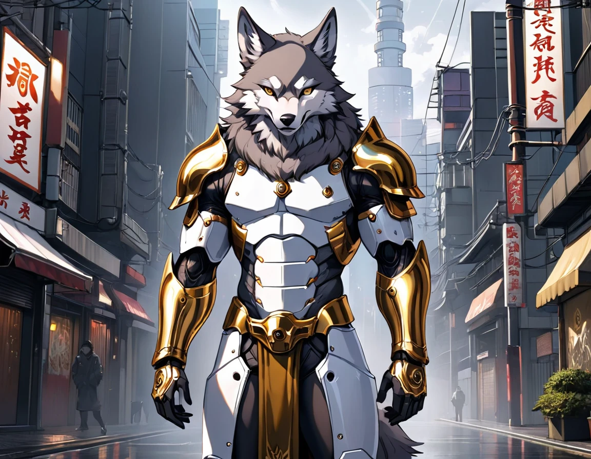 (high quality), (digital art), (semi-realistic style), (full body shot), (mystic tokyo background), male humanoid wolf, perfect muscular god body, grey full body fur, white skull fur head marking, brown eyes, wearing an unbreakable white and gold full body god armor suit with hood