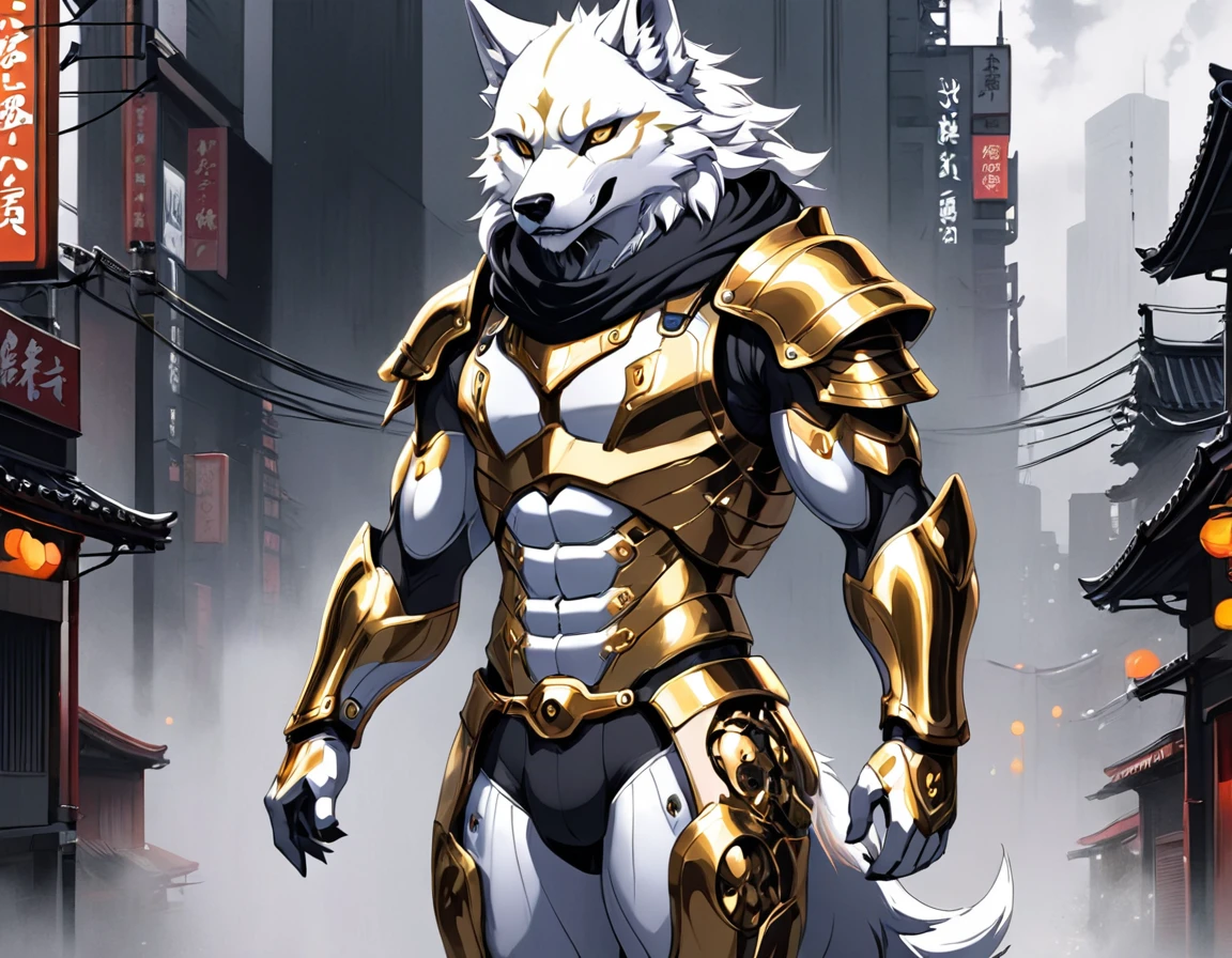 (high quality), (digital art), (semi-realistic style), (full body shot), (mystic tokyo background), male humanoid wolf, perfect muscular god body, grey full body fur, white skull fur head marking, brown eyes, wearing an unbreakable white and gold full body god armor suit with hood