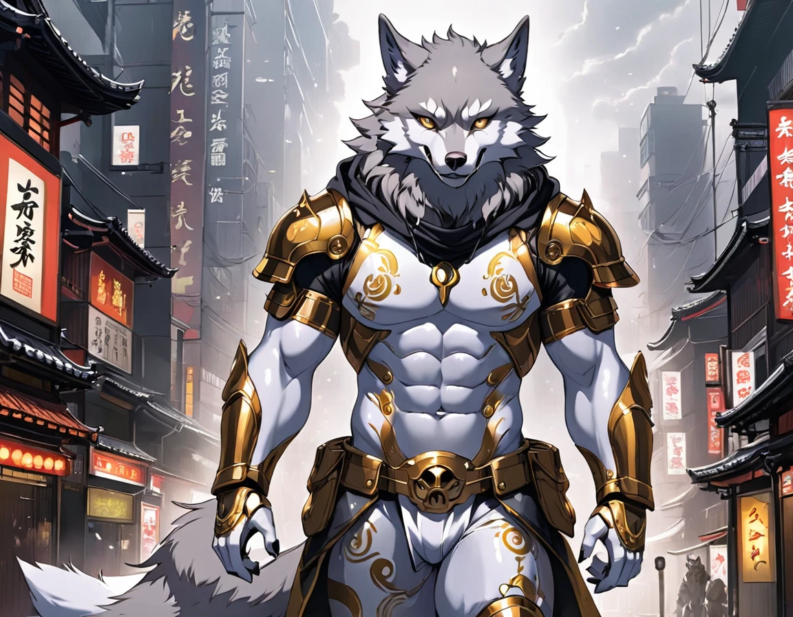 (high quality), (digital art), (semi-realistic style), (full body shot), (mystic tokyo background), male humanoid wolf, perfect muscular god body, grey full body fur, white skull fur head marking, brown eyes, wearing an unbreakable white and gold full body god armor suit with hood