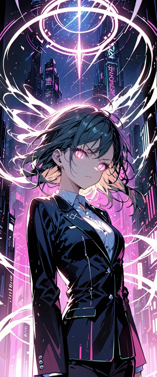 16K, High resolution, RTTX 10.0, Ray Tracing, Natural light, Absurd, Top quality masterpiece, Perfect anatomy and highly detailed face, Fine grain, One girl, alone, Wearing a business suit, shirt, Open the top button, Beautiful Hair, very beautiful, Edgy, nice, Evil Aura, the wind is strong, Glowing Eyes, Serious expression, dystopian city, Futuristic, Detailed Background, Awards, Neon Light, Talked about at the art station