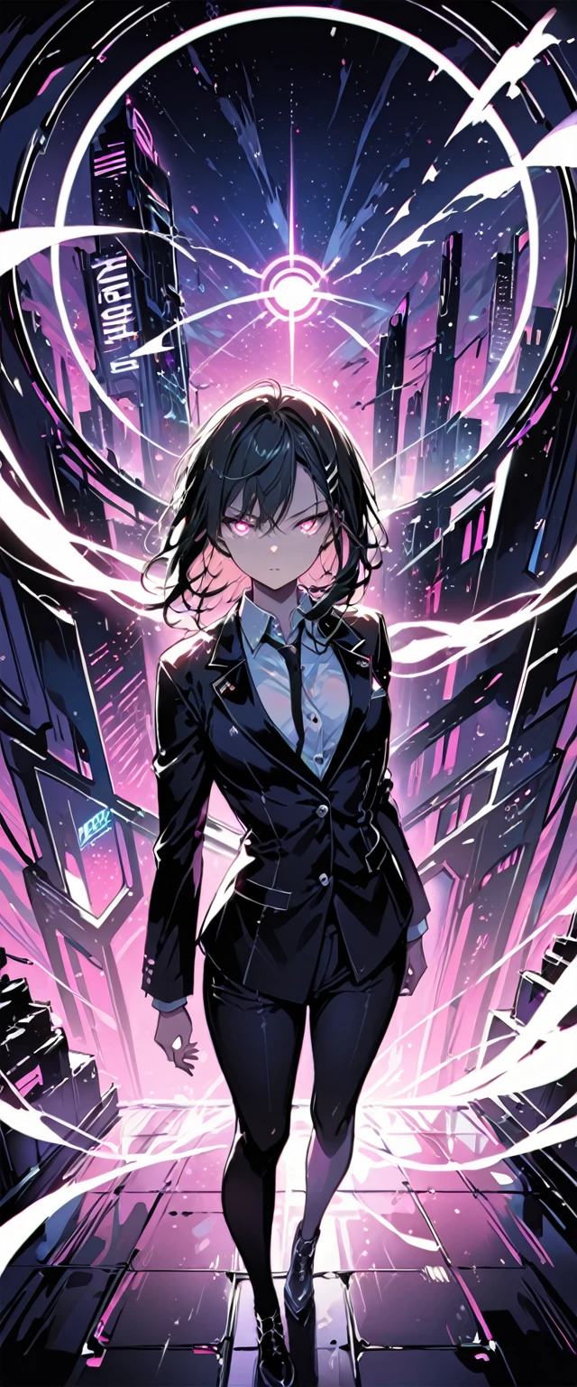 16K, High resolution, RTTX 10.0, Ray Tracing, Natural light, Absurd, Top quality masterpiece, Perfect anatomy and highly detailed face, Fine grain, One girl, alone, Wearing a business suit, shirt, Open the top button, Beautiful Hair, very beautiful, Edgy, nice, Evil Aura, the wind is strong, Glowing Eyes, Serious expression, dystopian city, Futuristic, Detailed Background, Awards, Neon Light, Talked about at the art station