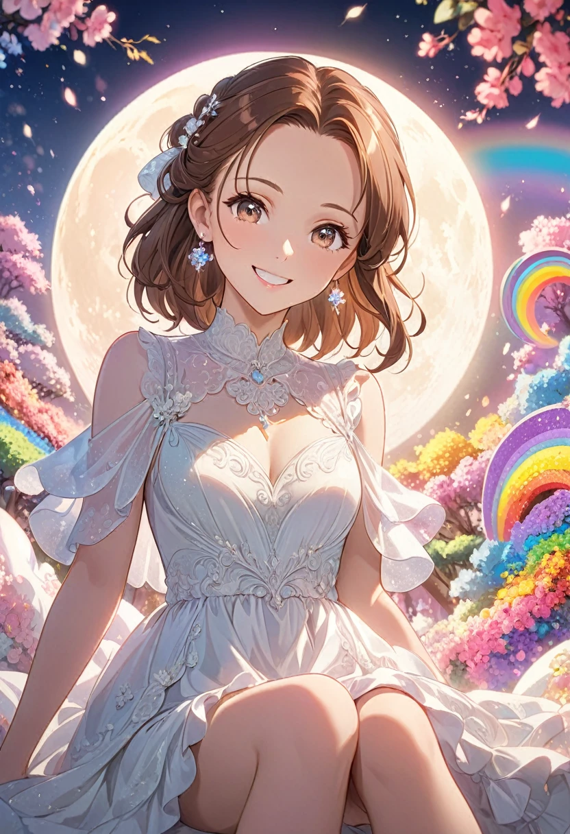 Very detailed,(((ultra detailed face))),best quality, 8k, (柔Light), Light, 1 lady, facing the camera,brown hair, ((forehead)),elegant, Comfortable, Clean and detailed anime art, Trending on artstart, rainbow colors, milky white, illuminate warmly, (pink and white theme),((big smile)),dress,sitting moon