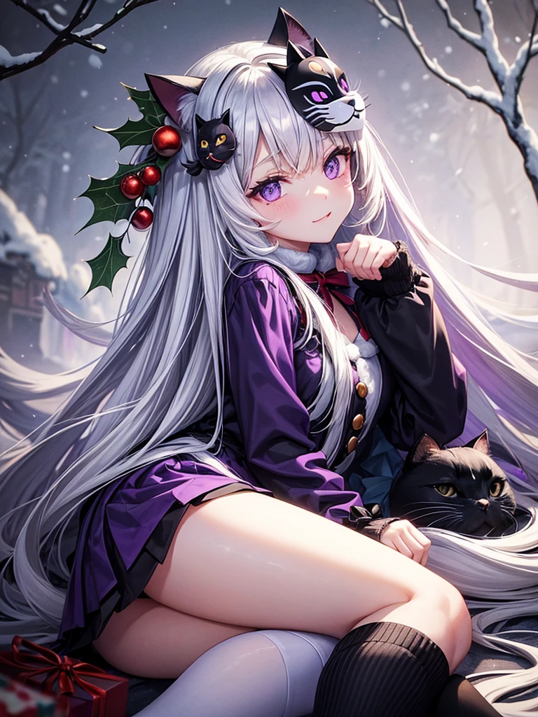 White long hair girl black eyes have black cat mask on right side of head wearing purple christmas dress purple christmas socks black shoes in a snowy forest night