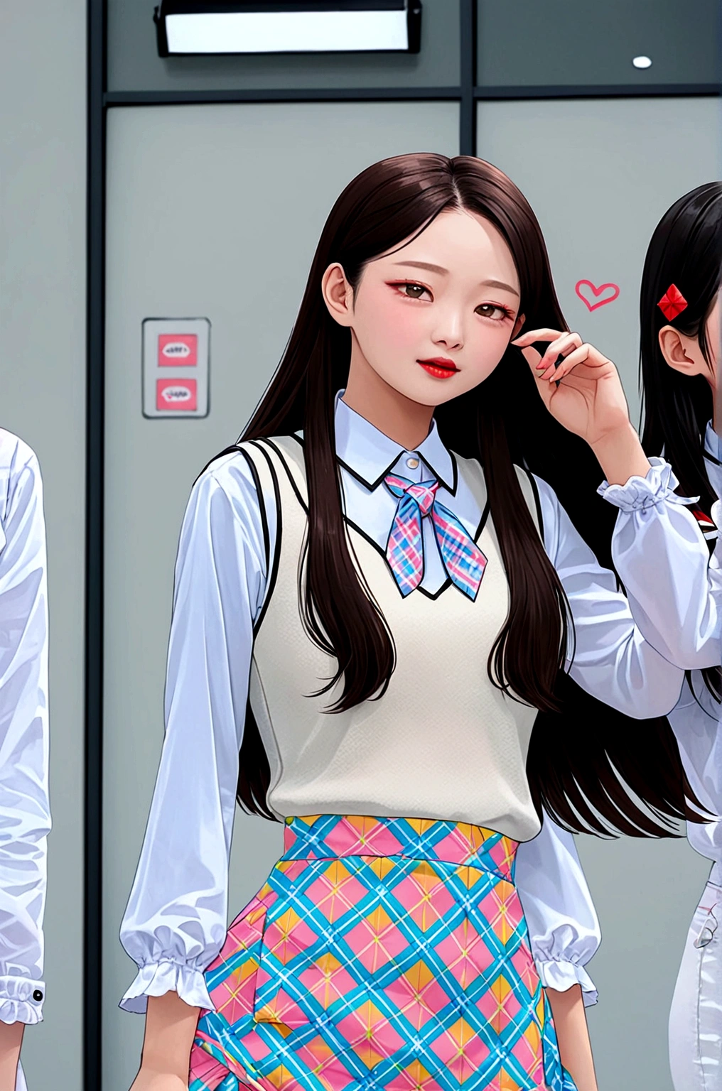 her name is jang wonyoung, she wears a nice , her face is beautiful and sweet, her posture is good, her eyes look straight ahead, she has straight, slightly wavy brown hair, has natural makeup