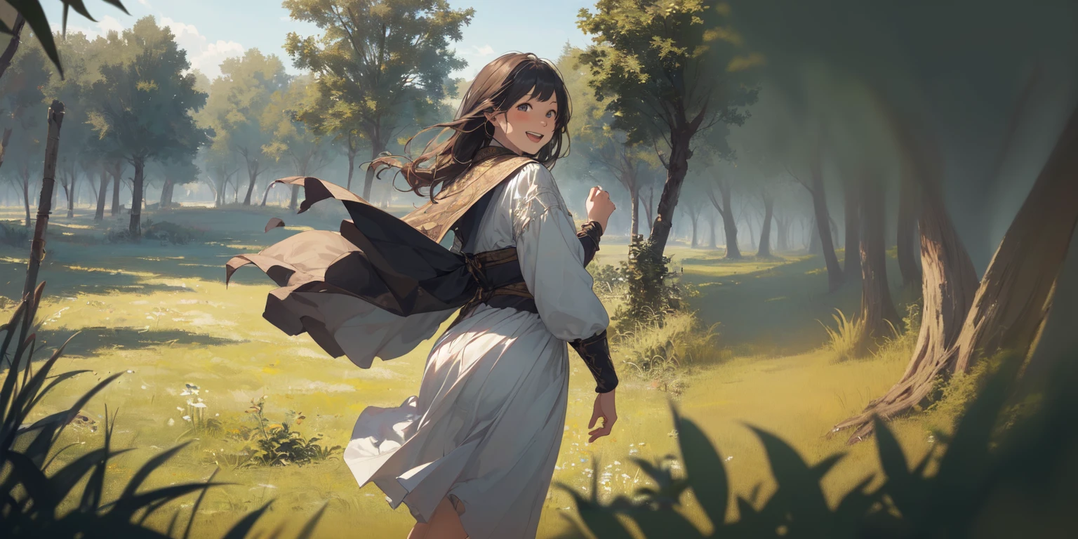 Anime girl in a white dress walking through the forest, Artjam and Athi Gairan, artwork in the style of Gwaiz, Gwaiz on pixiv artstation, Gwaiz on artstation pixiv, Gwaiz, Anime fantasy illustration, Gwaiz masterpiece, Atei Gailan 8K, Anime Art Wallpapers 8K