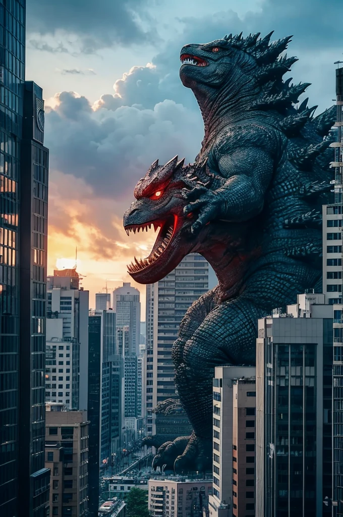 Godzilla stomps on a building and destroys it。
Image size is for TikTok