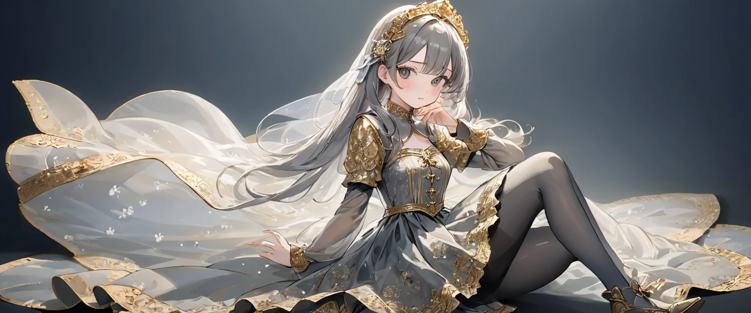 girl, Gold and silver embroidery, Platinum and pearl medieval long dress(With panniers), Translucent fabric, Pull up the dress by hand, Strong winds, Translucent slip, Grey translucent tights, 8歳のgirl, Gold and silver embroidery, medieval mini dress(With panniers), Translucent fabric, Pull up your skirt, Strong winds, Translucent slip, Grey translucent tights, Peeking from below, Highest quality, Disorder of clothing, Lying down, underwear, Show off your thighs, night, Skirt lining