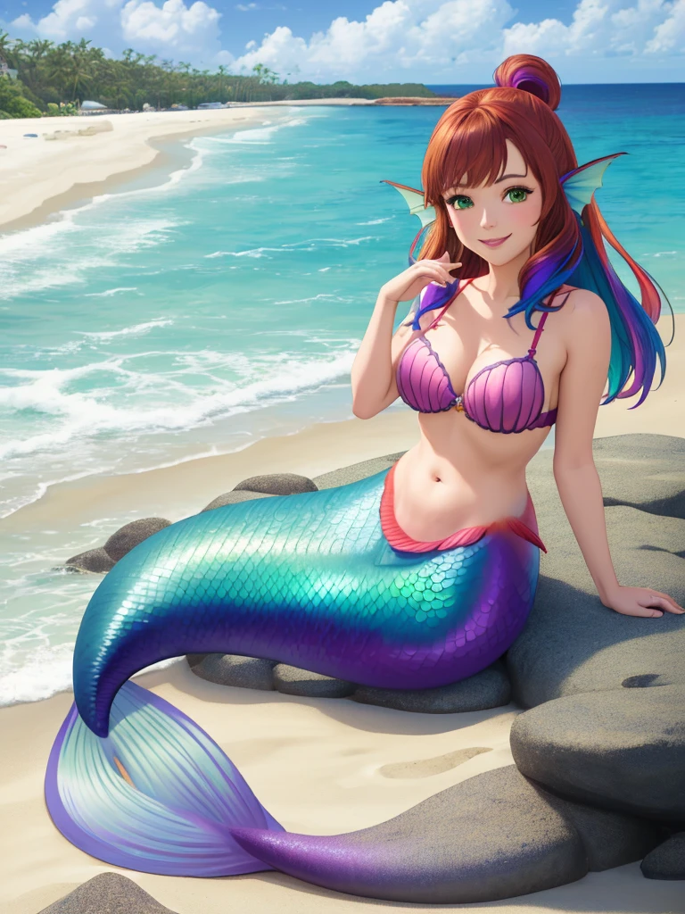 masterpiece, best quality:1.2), 1girl, smile, looking at viewer, green eyes, short brown multicolored hair, mermaid, mermaid girl, wearing purple seashell bra, laying on belly on beach, colorful mermaid tail, outdoors, head fins, fin ears